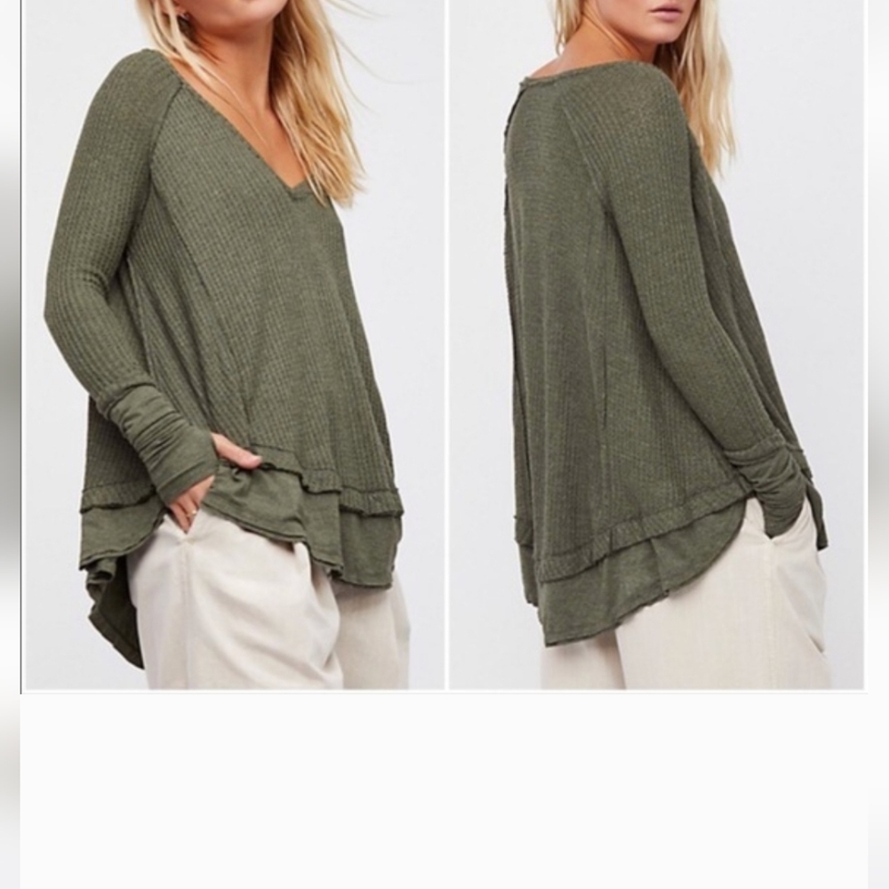 Free People Laguna Tee Thermal Long Sleeve Thumbholes Hi Lo Hem Army Green S NWT - Picture 12 of 14